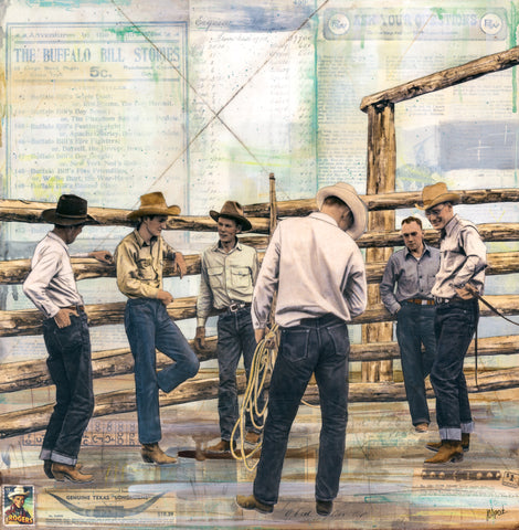 Corral Rails and Cowboy Tales, 20" x 20" Framed