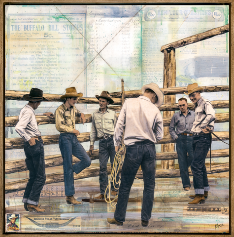 Corral Rails and Cowboy Tales, 20" x 20" Framed
