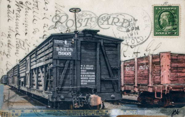 Wooden Boxcars Postcard, 4" x 6" framed to 5x7