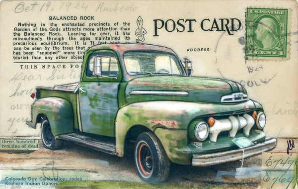 Green Truck Postcard, 4" x 6" framed to 5x7